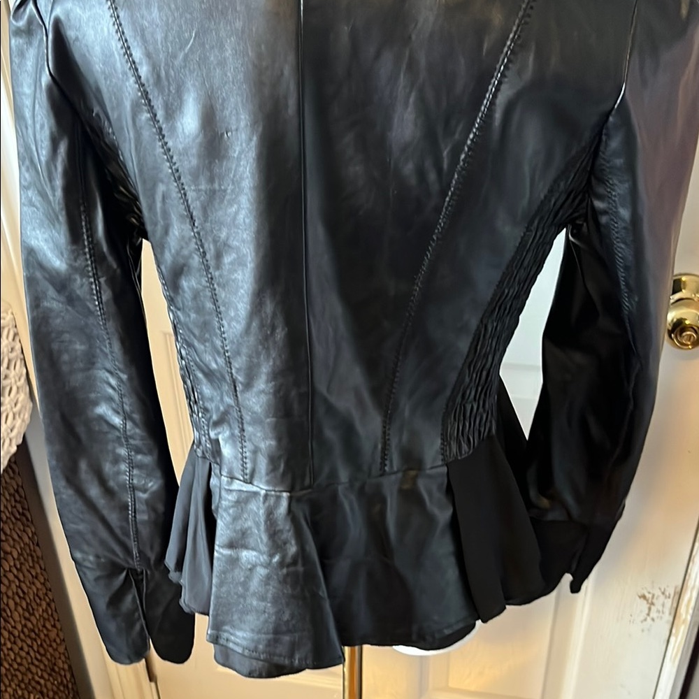 Black Leather Jacket with Ruffled Front - Picture 5 of 5